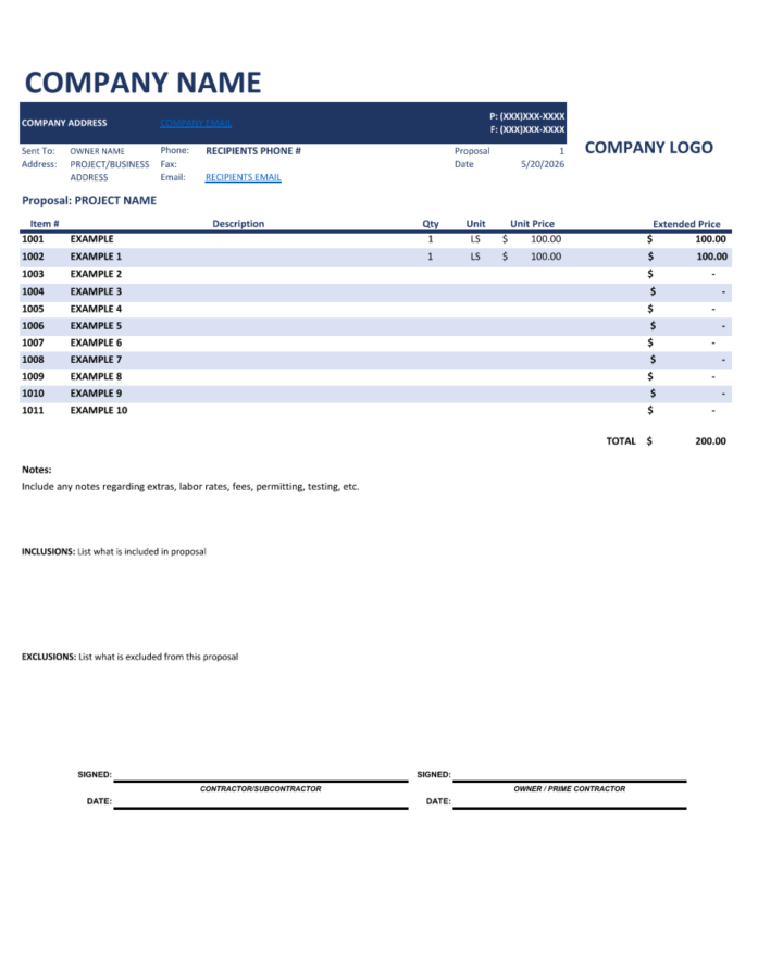 Basic Fillable Excel Proposal Form